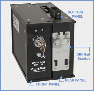 Model 9084 Cat5e RJ45 A/B Keylock Switch, DIN Rail mount, has a Monitor port for Position Feedback